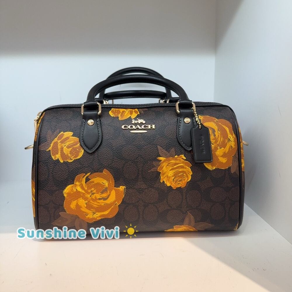 NWT Coach CCE30 Rowan Satchel Bag Canvas &Leather with Floral Print Walnut/Black